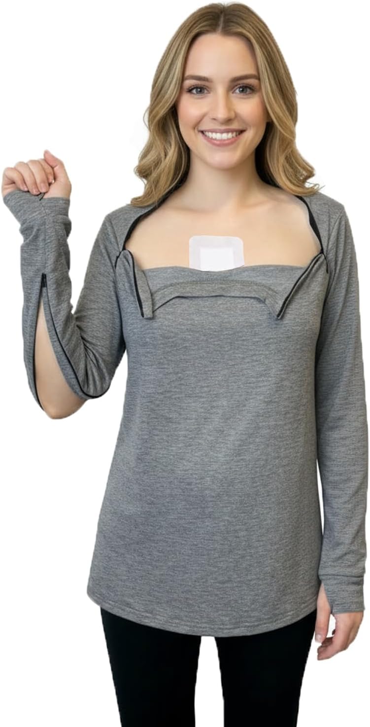 Youdiao Women's Port Access Shirt with Easy-Open Arm Zipper Soft Long Sleeve Top for Chemo, Dialysis & Post-Surgery Recovery