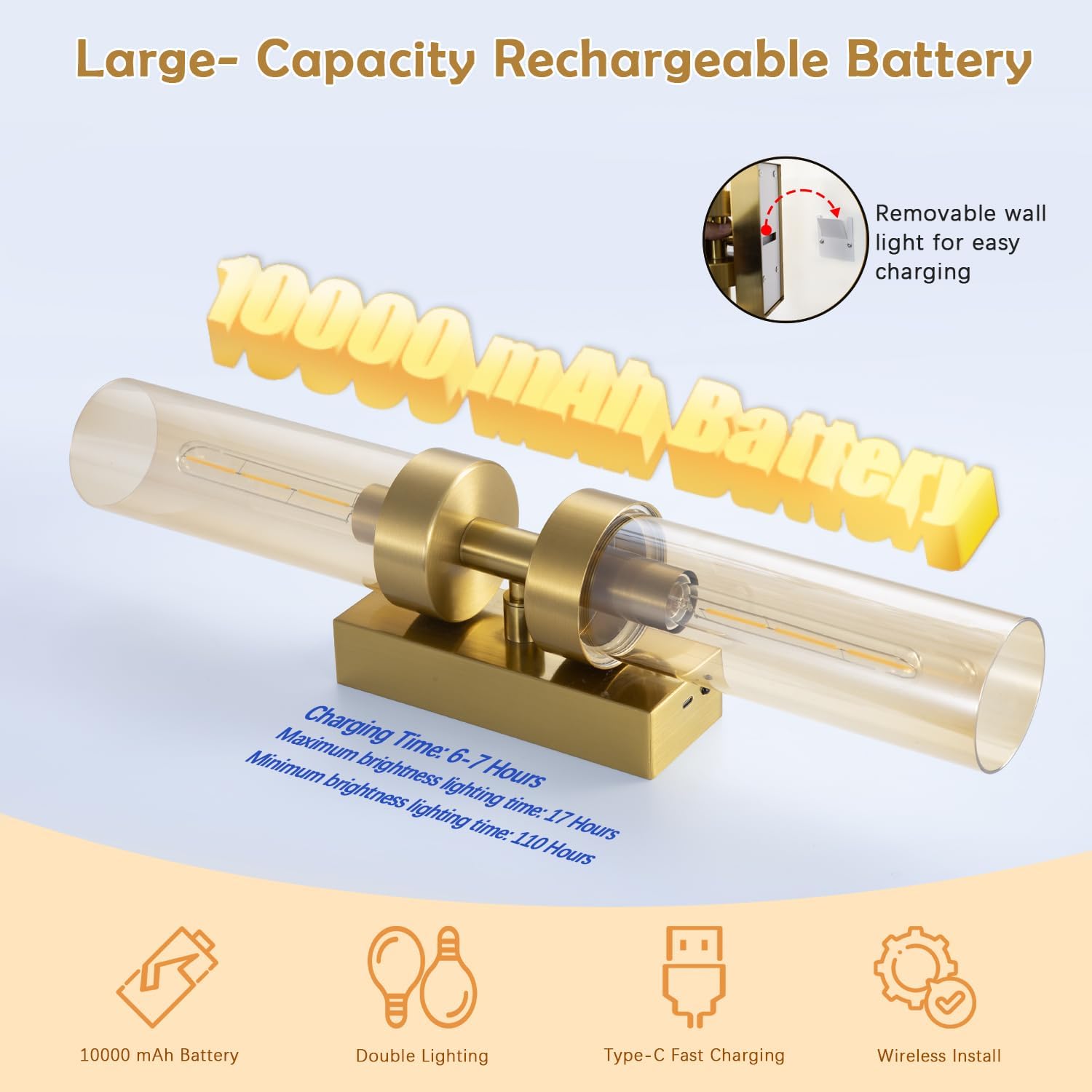 Rechargeable Wall Sconces Set of Two with Remote, Gold Battery Operated Wall Sconce with Amber Glass, Sconces Wall Decor Set of 2 Wall Light Fixtures for Bedroom Bathroom Mirror Living Room