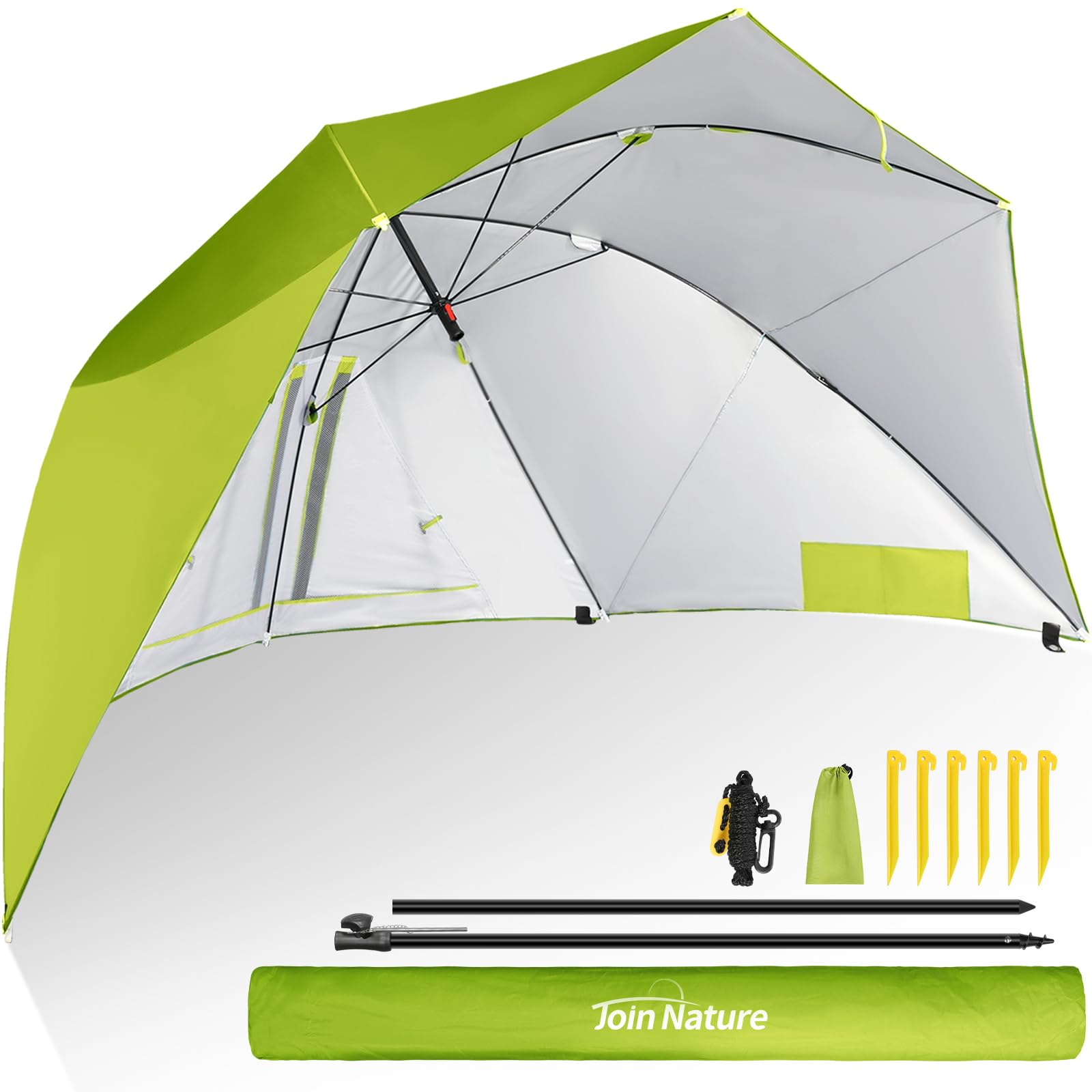 Join Nature Sonnenschirm Strand & Strandmuschel 2 in 1 Strandschirm Umschaltbar Ø 270cm Sonnenschirm Groß mit Fenster - Windschutz Strand, Regendicht, UV50+ Sonnenschutz für 2-3 Personen (Grün)