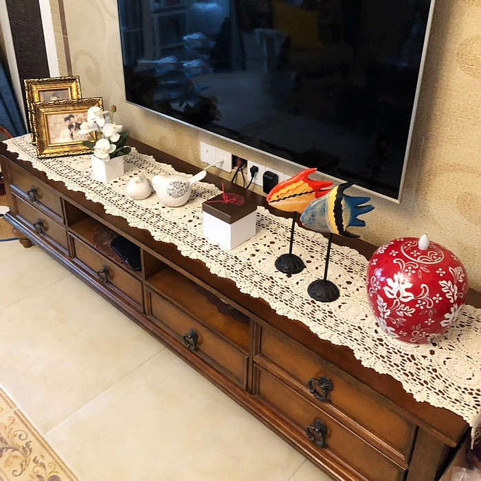 Chemin de table rétro tissé lin coton napperon crochet jaune 40x130
