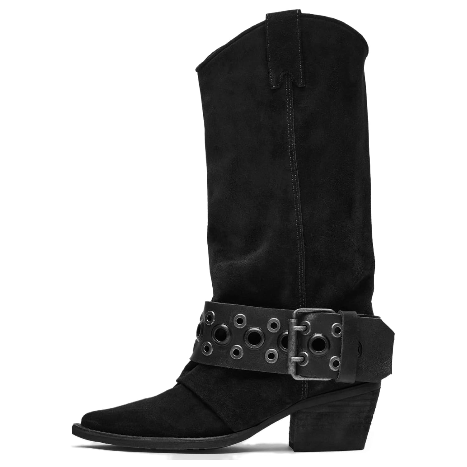 Cowboy Western Boots for Women Knee High Cowgirl Boots with Studded Buckle Strap Pointed Toe Chunky Heel Vintage