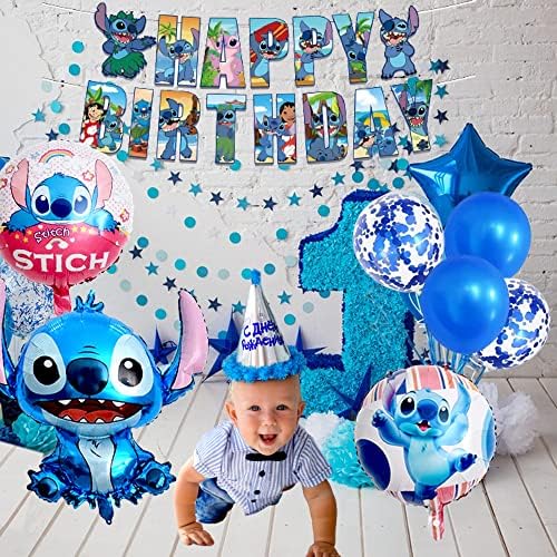 YOOYEH Lilo and Stitch Birthday Party Decorations, 1 Happy Birthday Banner 8 Balloons Latex Foil Balloons Lilo and Stitch Birthday Party Decoration Suppliesfor Boys Girls