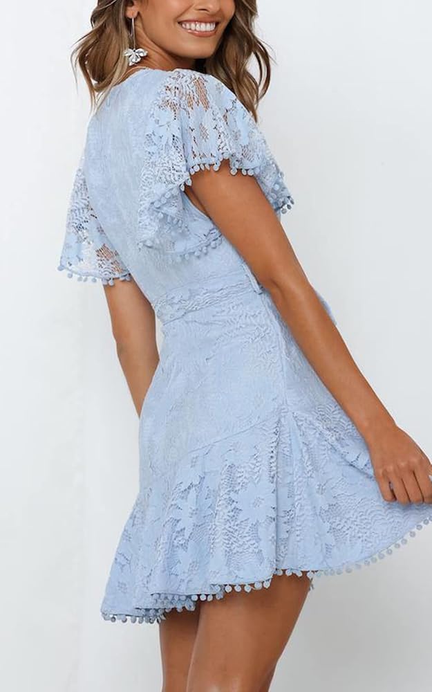 Women's Flower Lace Tie Front Wrap Mini Dress- Deep V Neck