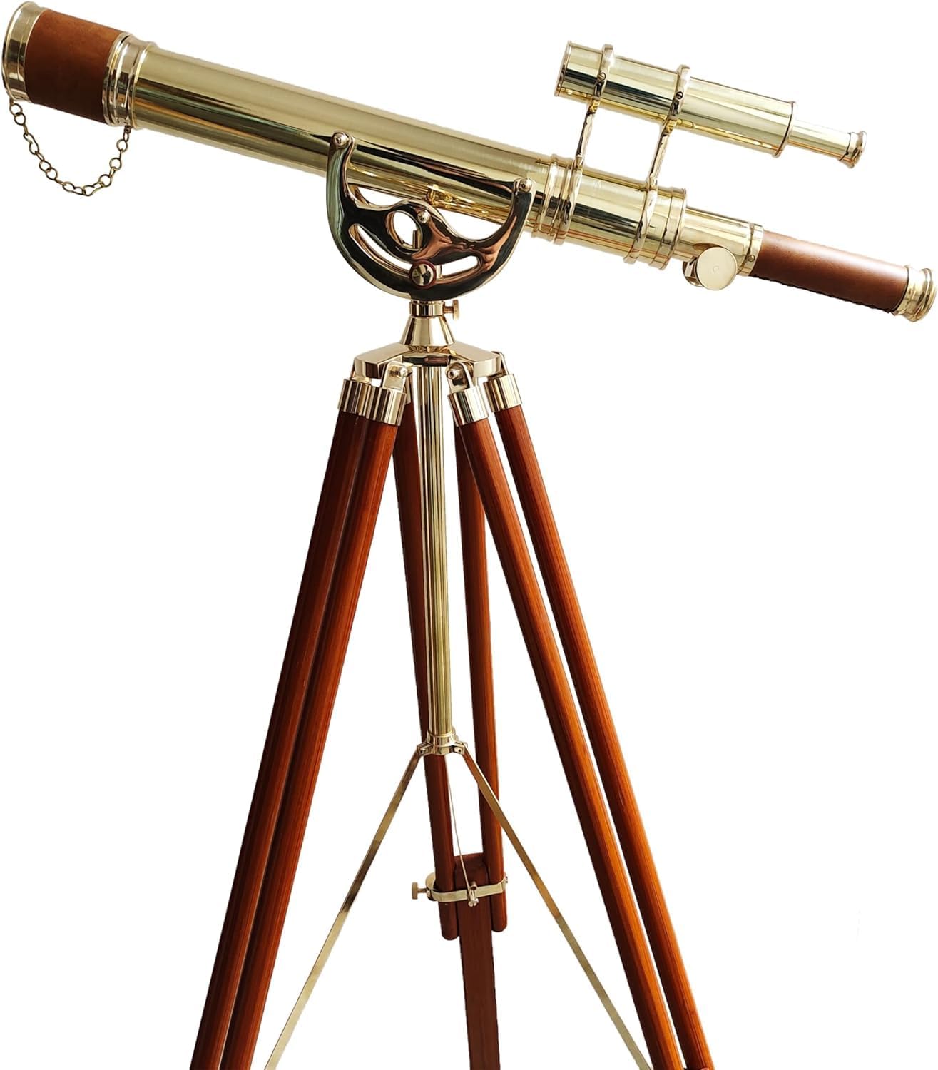 Personalized Nautical Brass Telescopes Adjustable Wooden Tripod Vintage Maritime Half Moon Design Double Barrel Brown Leather Antique Marine Decor (Personalized Telescope)
