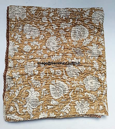 Manta de algodón con diseño floral hippie hecho a mano con bloque Kantha acolchado vintage,...