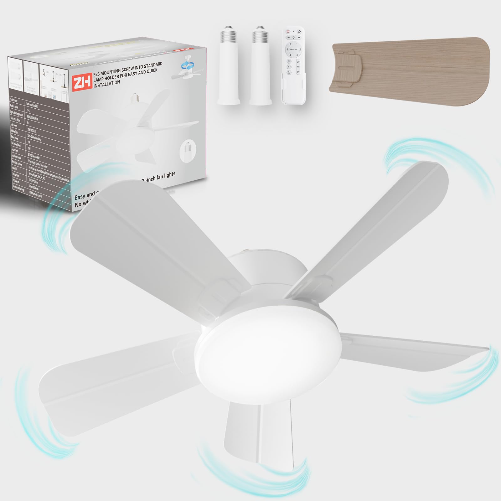 cjc Socket Fan Light - Ceiling Fans with Lights and Remote, 17in Small Ceiling Fan with 6-Speeds, definite time, Dimmable LED, E26/E27 Base, for Bedroom, Kitchen, Living Room,Garage (5 Leaves White)