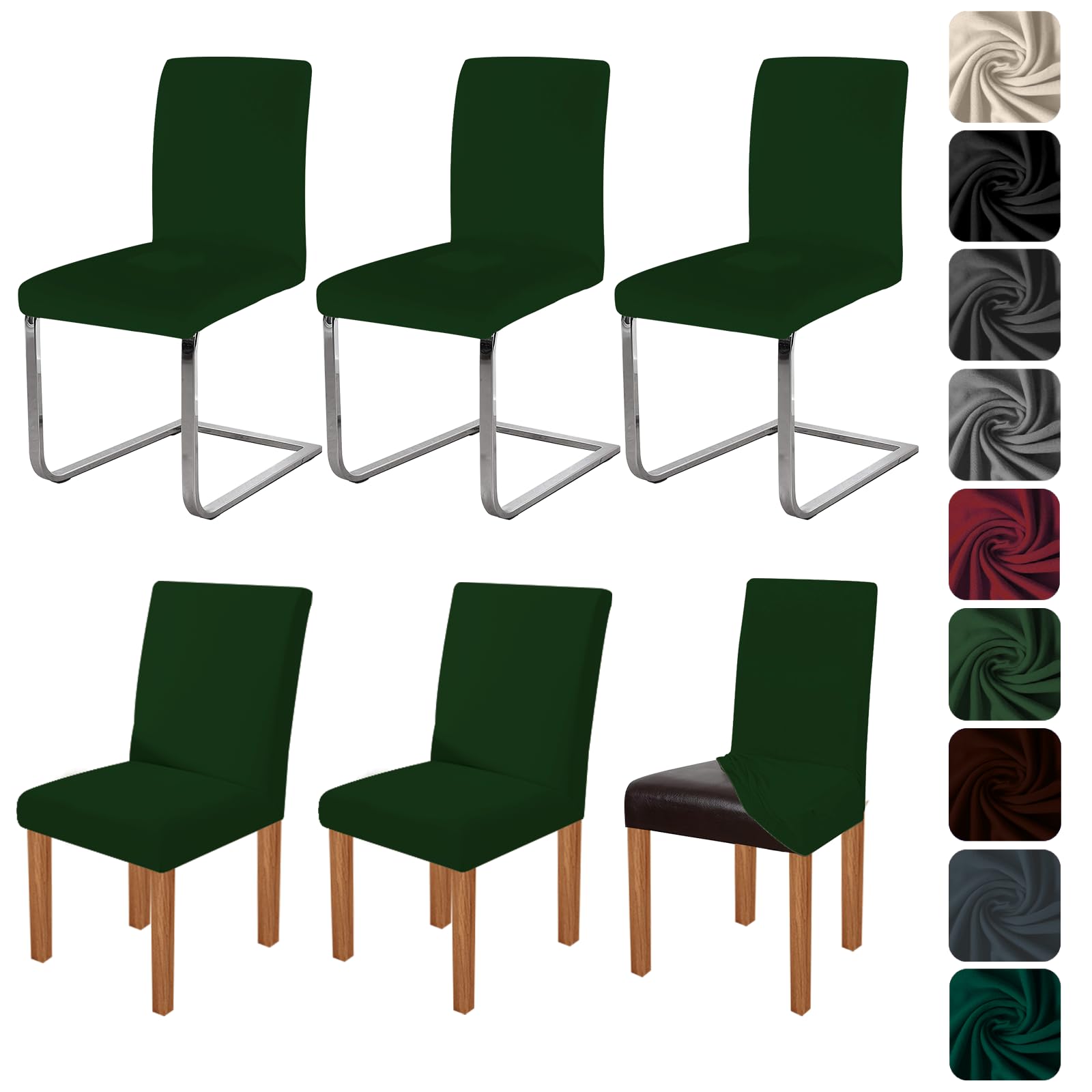 6 Housses de chaise élastiques vert foncé pour salle à manger lavables