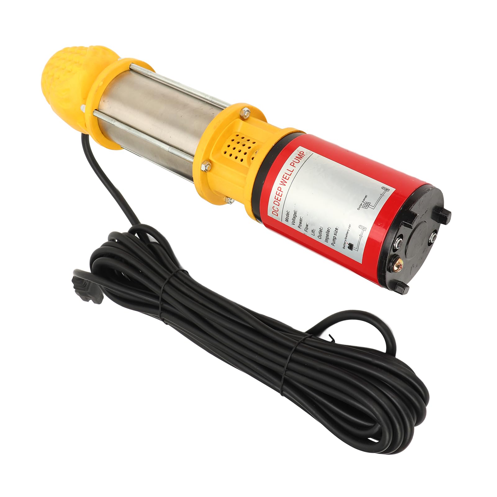 Bomba de pozo profundo de CC de 400 W, 18 m de elevación, 6 m³/h, sumergible y solar, con junta de salida de 1 pulg., 1,5 pulg. y 2 pulg., CC 48 V