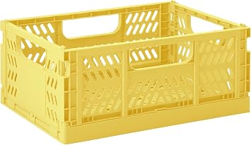 3 Sprouts Recycled Plastic Collapsible Crate - Stackable Folding Storage Crate for Organization for Adults & Kids - Foldable Plastic Crate - Medium - Yellow