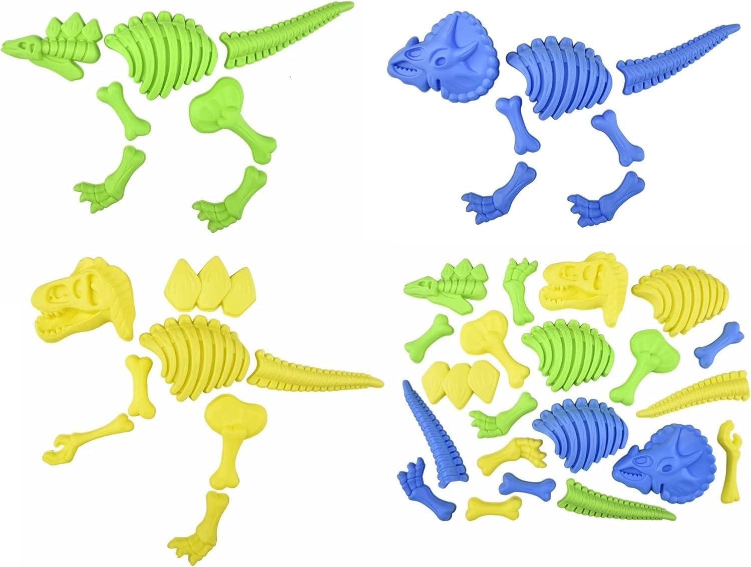 Zugar Land Juego de playa de molde de arena fósil de dinosaurio (3 dinosaurios amarillo, verde y azul) de plástico. Kit de 22 piezas de paelontólogo joven. en bolsa de malla. (2 juegos)