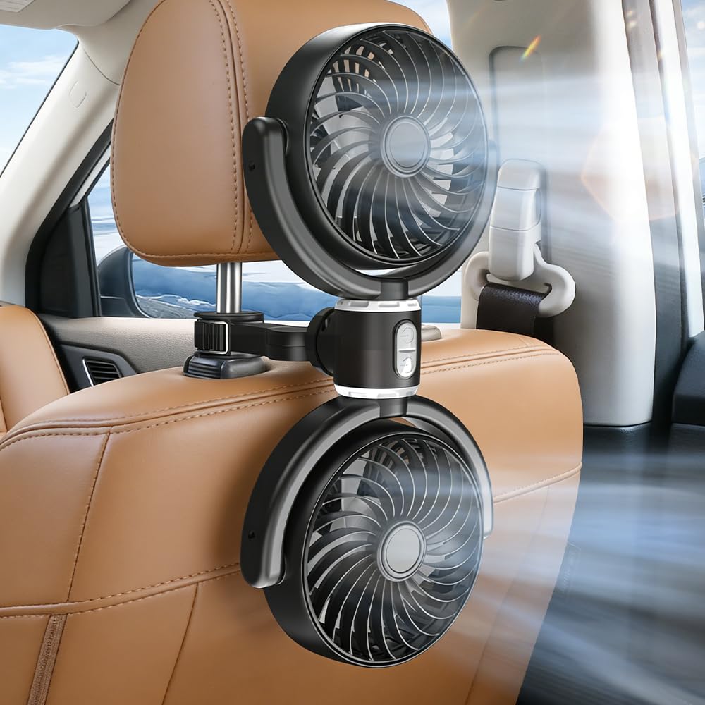 Mineup Ventilatore Per Auto Doppia Testa, Ventilatore 360° Ruotabile Portatile, 360° Girevole Ventole Di Raffreddamento Da Auto Con Controllo Indipendente Per Bambini, Cani, Berlina, SUV, RV