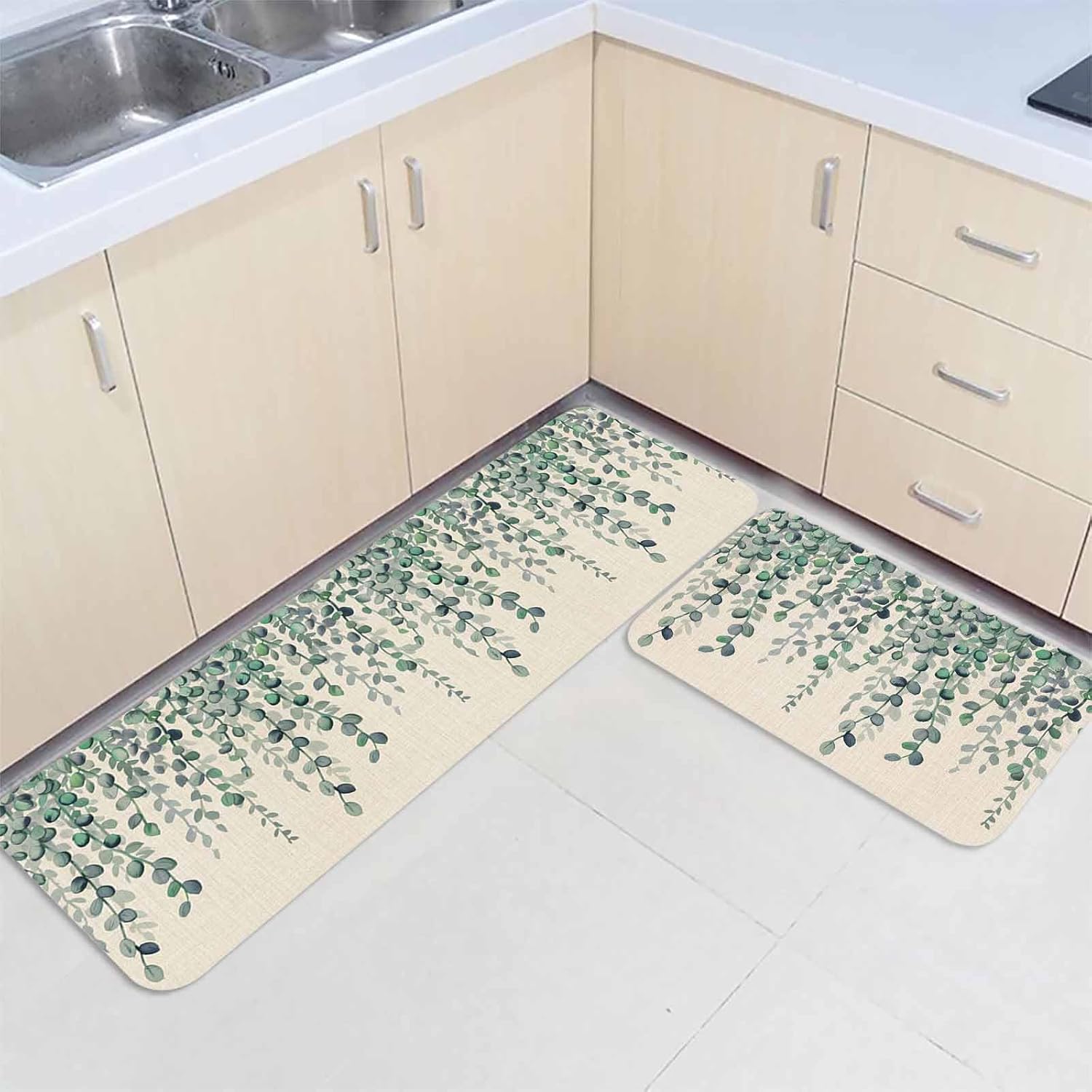 Teal Green Eucalyptus Leaves Kitchen Rugs and Mats Set of 2, Spring Plants Country Beige Absorbent Bath Runner Rug Washable Floor Door Mats Throw for Bedroom Bathroom Entrance Tub Sink Extra Large