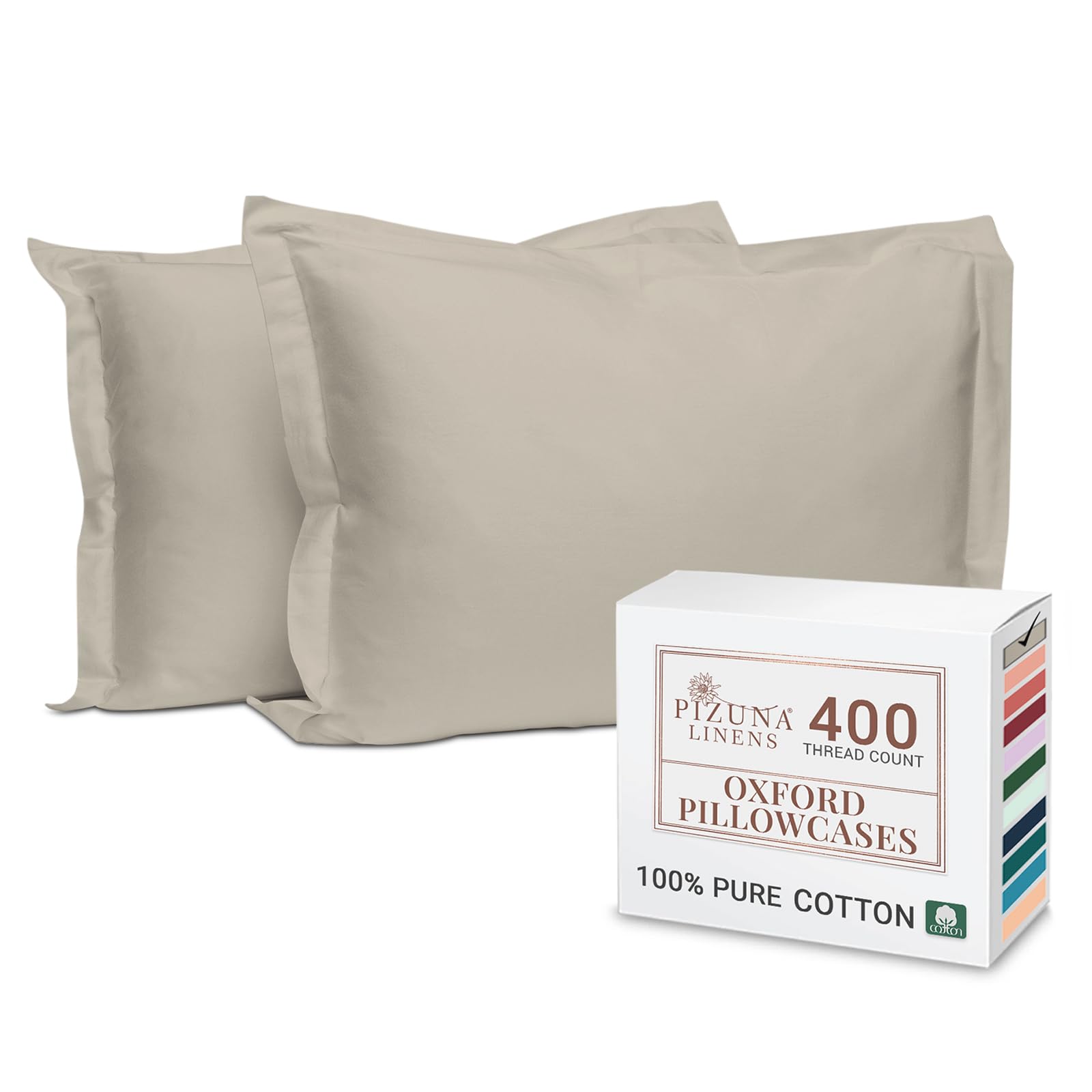 Pizuna Simply Taupe 100% Cotton Standard Pillowcases 2 Pack 50X75cm, 400 Thread Count Long Staple Combed Cotton Soft Pillow Cover, Sateen Weave Oxford Pillow Cases (Cooling Pillowcase 2Pc)