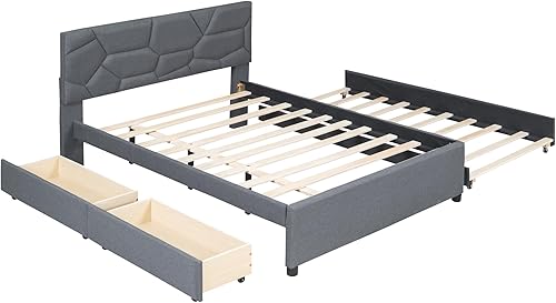 Miniatura 31 de Harper & Bright Designs Cama de plataforma tapizada de tamaño matrimonial con nido y cabecero, marco de cama tapizado de lino, no necesita somier