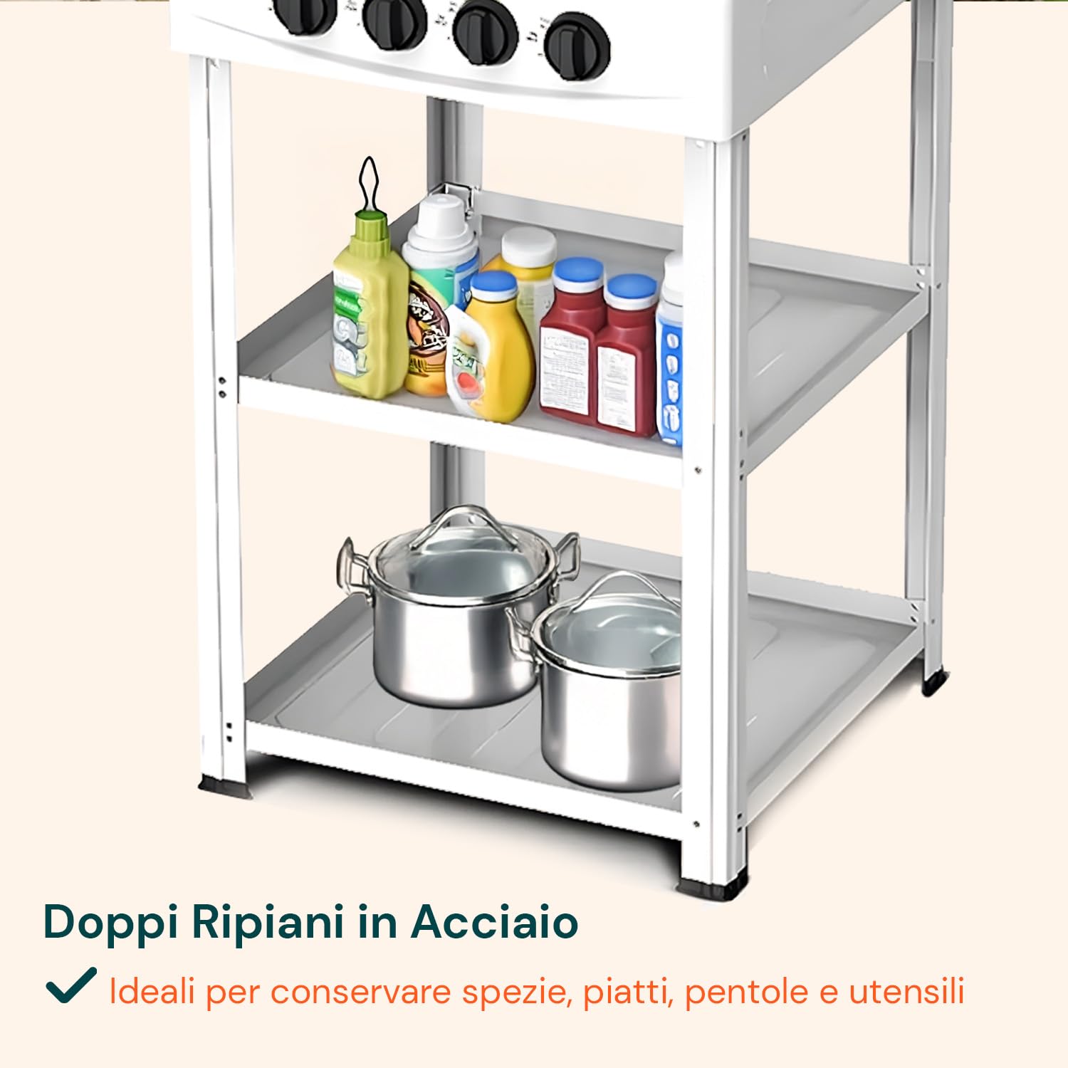 Avilia - Piano Cottura 4 Fuochi Gas per Esterno con Struttura Resistente in Metallo, Ripiani Laterali in Acciaio, Collegamento Bombola GPL, Ideale per Campeggio e Grigliate (Bianco)