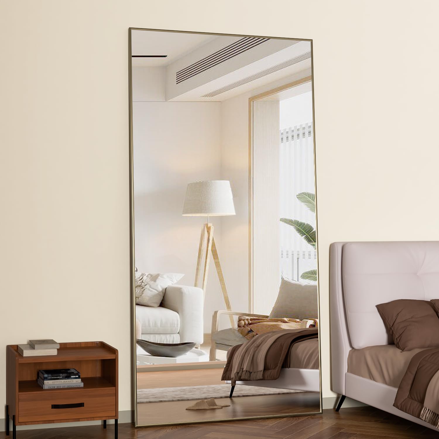 CASSILANDO180 x 80 cm Standing Mirror, Floor Against Wall for Bedroom, Aluminum Alloy Frame, Hanging or Leaning, Full Body Mirrors for Bedroom Living Room, Gold