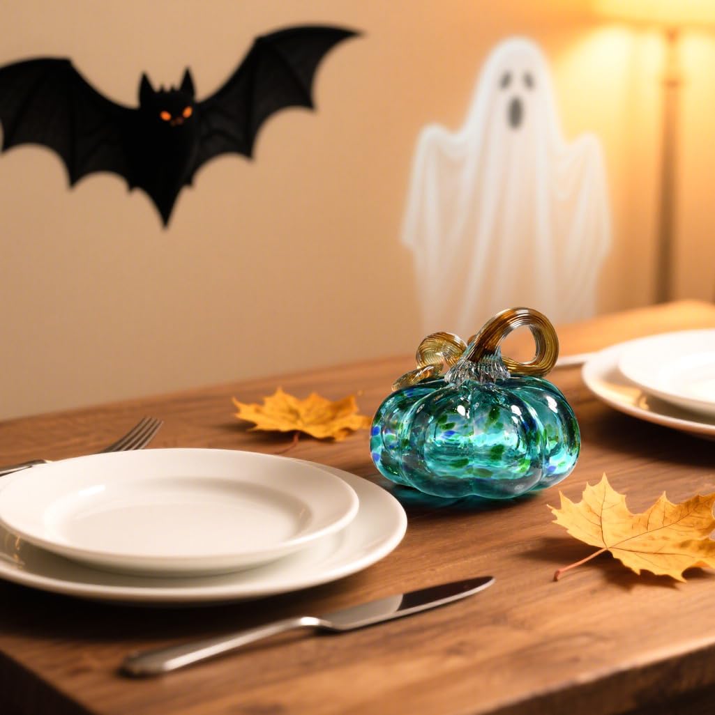 3" Large Blown Glass Pumpkin Figurine Collectible Thanksgiving Fall Harvest Pumpkin Crystal Glass Paperweight Decorations for Home(Green) - Image 4