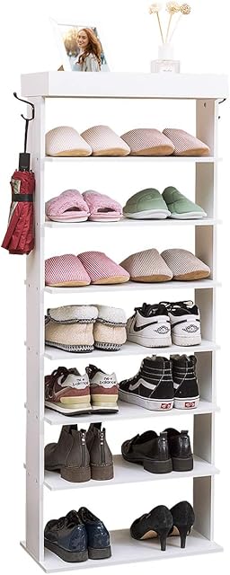 CASART 7/13-Tier Shoe Rack, Wooden Shoe Storage Organizer Stand Shelf, Free Standing Vertical Shoes Storage Tower for Living Room, Hallway, Bedroom (White, 7-Tier)