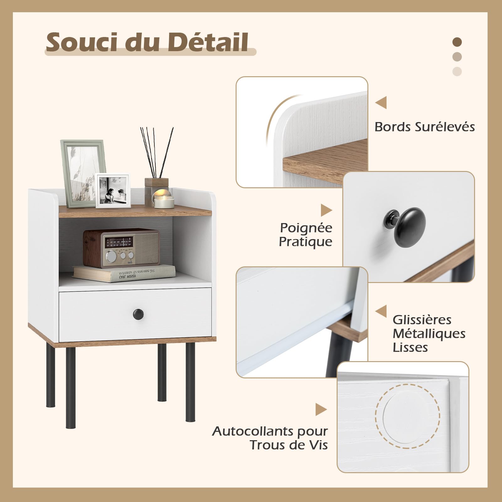 COSTWAY Table de Chevet, Table de Nuit avec Tiroir, Étagère de Rangement Ouverte, Pieds en Métal, Bout de Canapé, Chevet de Lit Moderne pour Salon, Chambre, Petits Espaces, Blanc