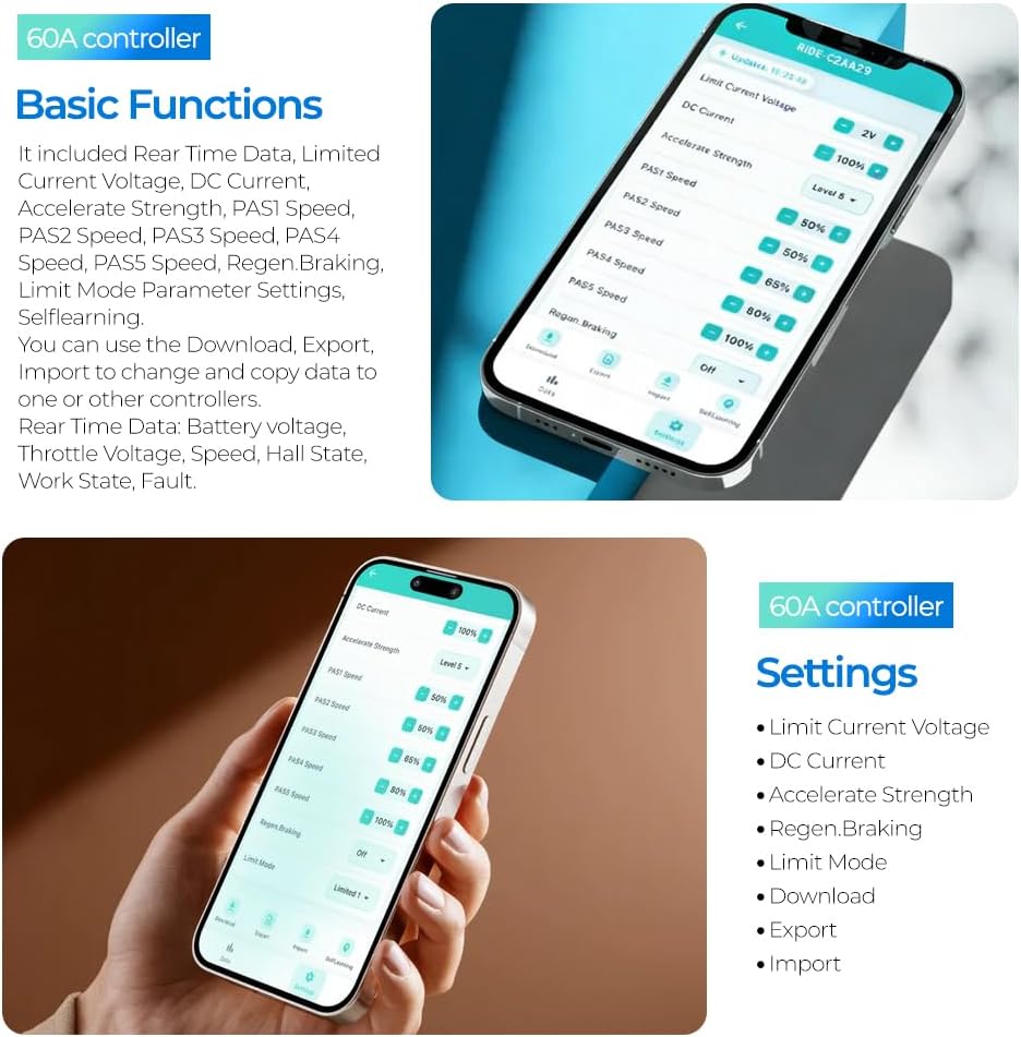48V 60V 72V Smart Ebike Controller Kit with App Programmable Settings Intelligent Brushless Motor Controller for Electric Bicycle Scooter E-Scooter