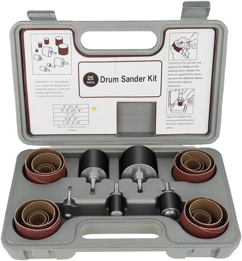 Sanding Kit Spindle Sanding Drum Sander Tool Kit Set with Case for Drill Press, 25pcs Rubber Sanding Drums, 180 Grit, Portable