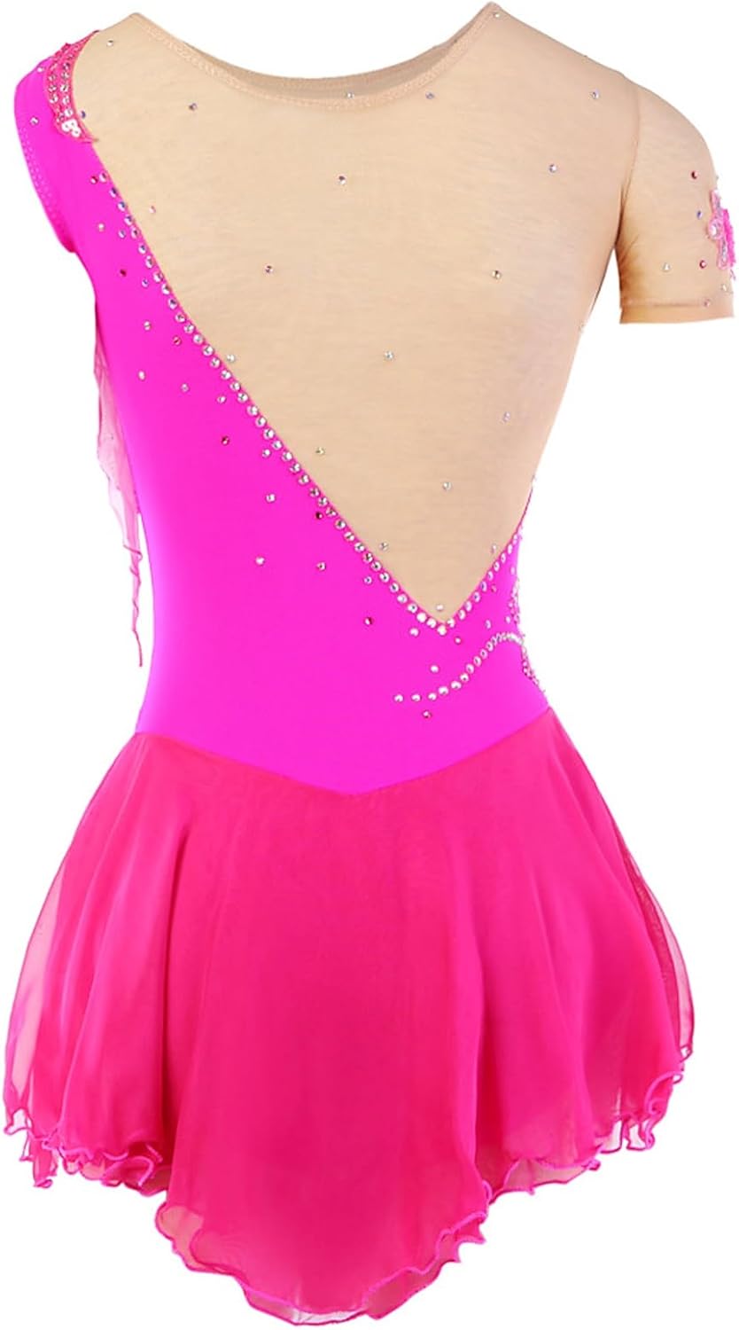 Figure Skating Dress Girl Short Sleeve Professional Ice Skirt Breathable Open Back Wear High Elasticity