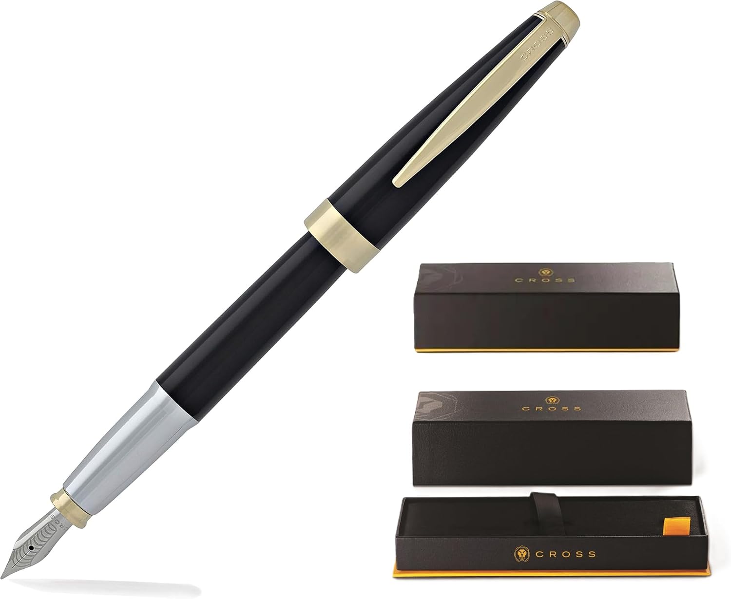 Cross Aventura Black and Gold Fountain Pen with Pronounced Gold tone Mid band, Medium Nib, Premium Gift box