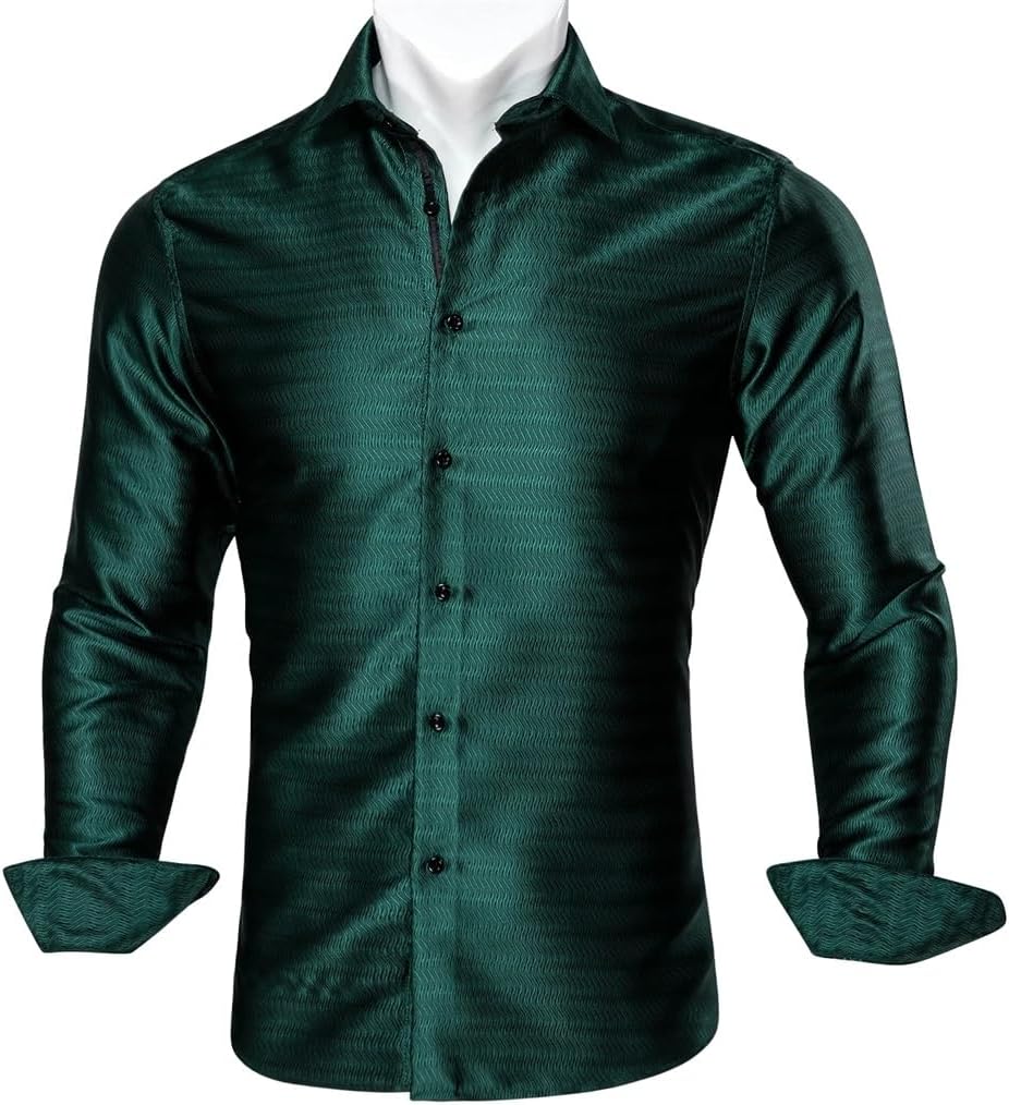 Men Silk Long Sleeve Green Solid Slim Fit Male Blouses Casual Formal Tops Breathable