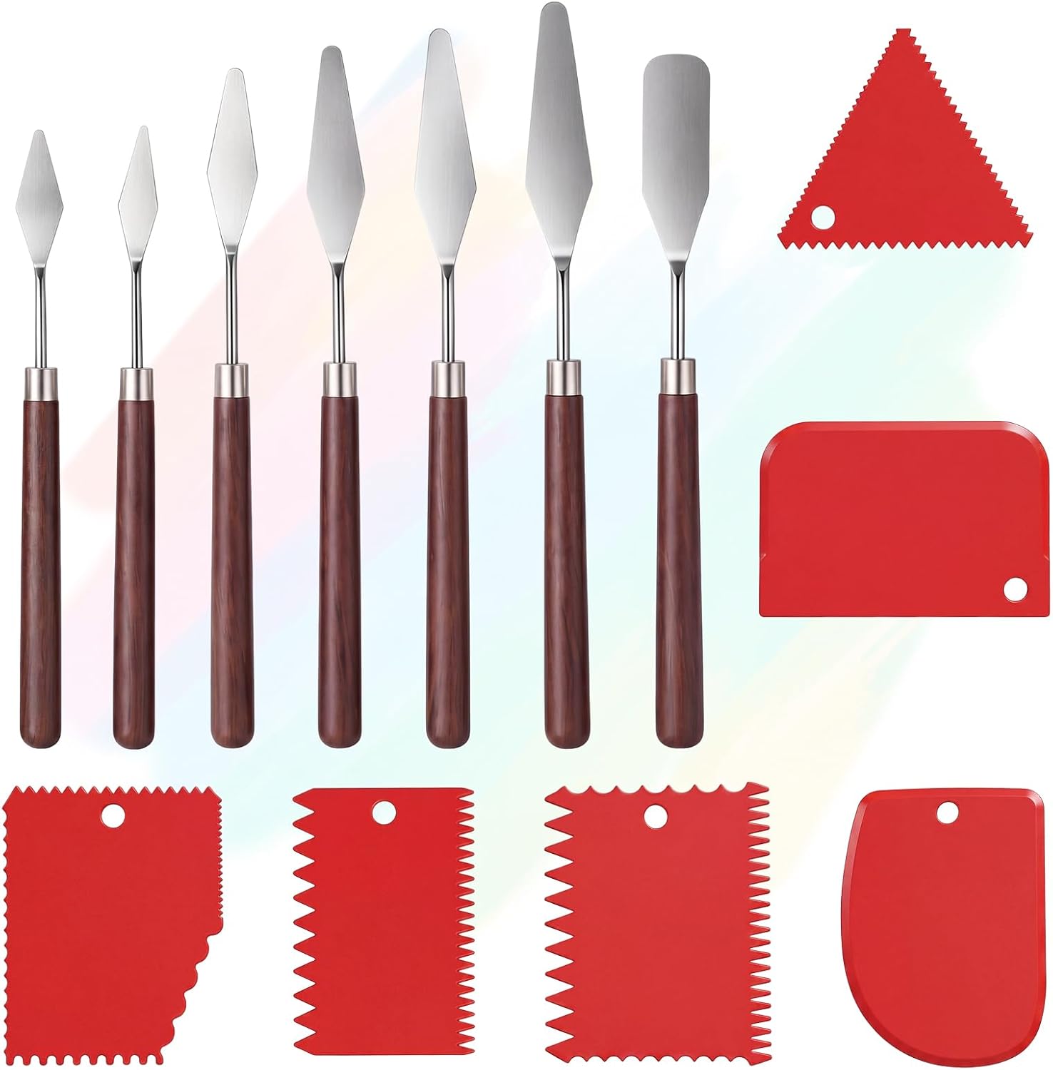 7 Pcs Stainless Steel Painting Palette Knife Set Palette Knife with 6 Pcs Plastic Scrapers Wooden Handle Painting Accessories for Oil Acrylic Canvas Watercolor Mixing Cake Decorating