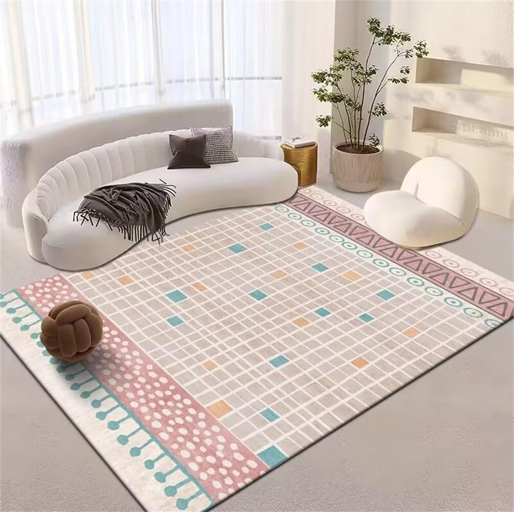 Tapis de salon lavable en machine 250x300 gris bleu à carreaux moderne
