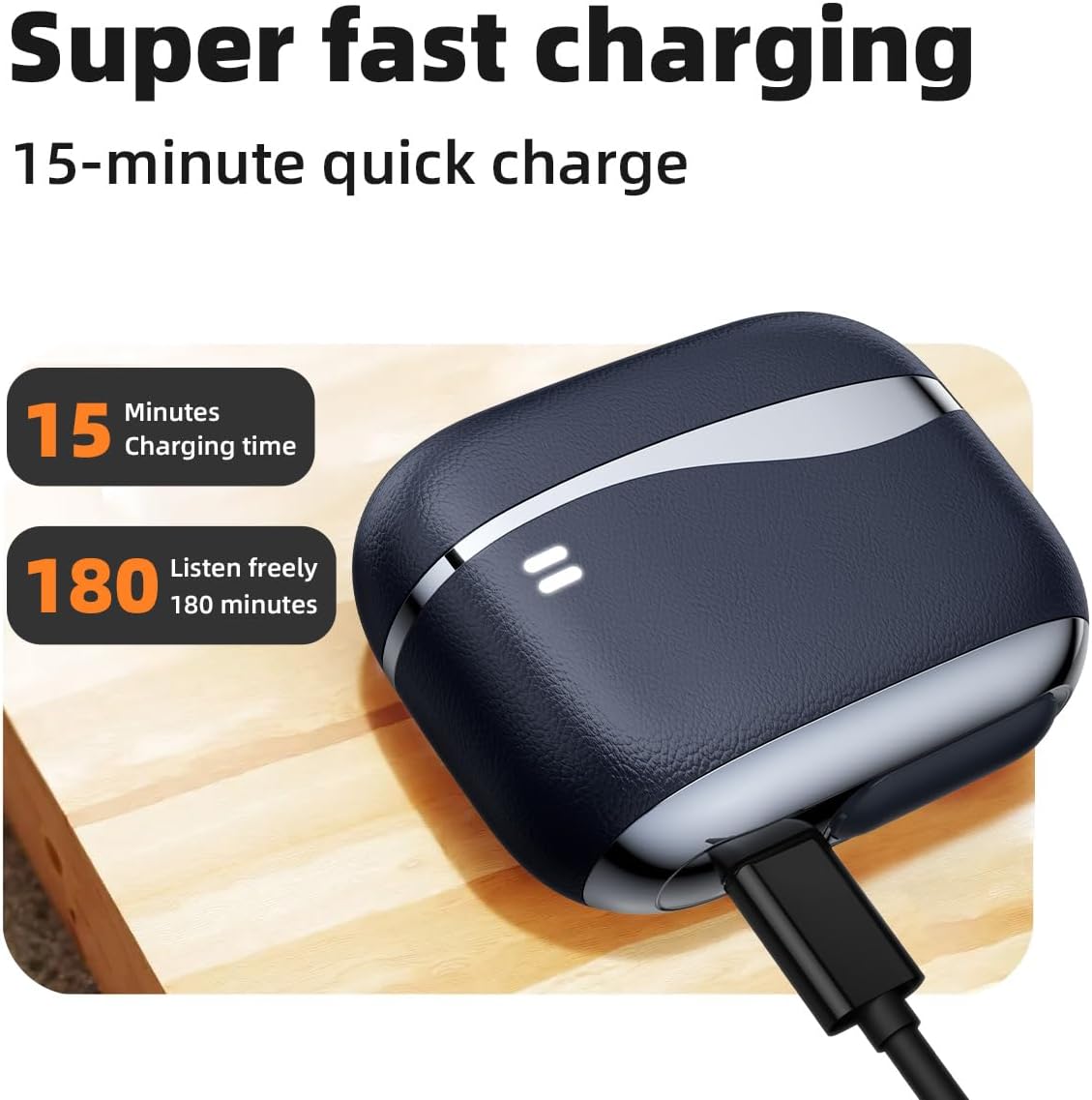 Monoise P-M6 charging case connected to a USB-C cable, illustrating super fast charging.