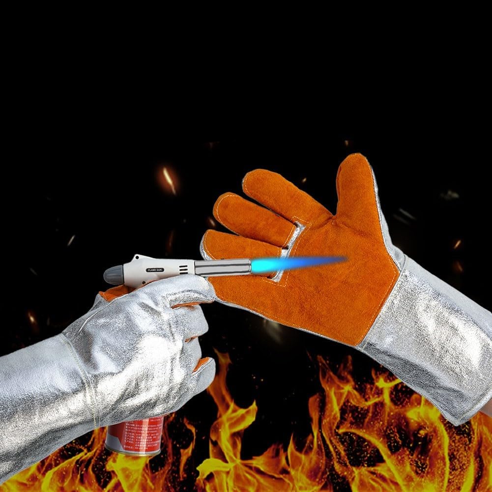 Guantes industriales para soldar hechos de papel de aluminio y cuero de vaca que proporcionan aislamiento térmico ignífugo y resistente a las quemaduras protección para barbacoa y para soldadura