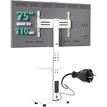 WALI Rolling TV Stand with Power Outlet & AV Shelf, Mobile Tall TV Stand Mount on Wheels for 34-75 inch TV up to 110 lbs, Swivel Height Adjustable TV Cart with Wood Base for BedroomTVDVD-6PRW, White