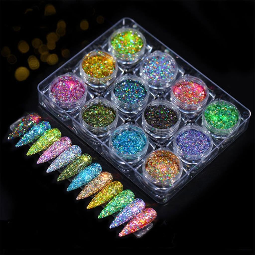 Sparkle and Shine with 12 Boxes Holographic Mermaid Glitter Sequins Set for Nail Art -, Easy Application - for Women, DIY Nail Artists