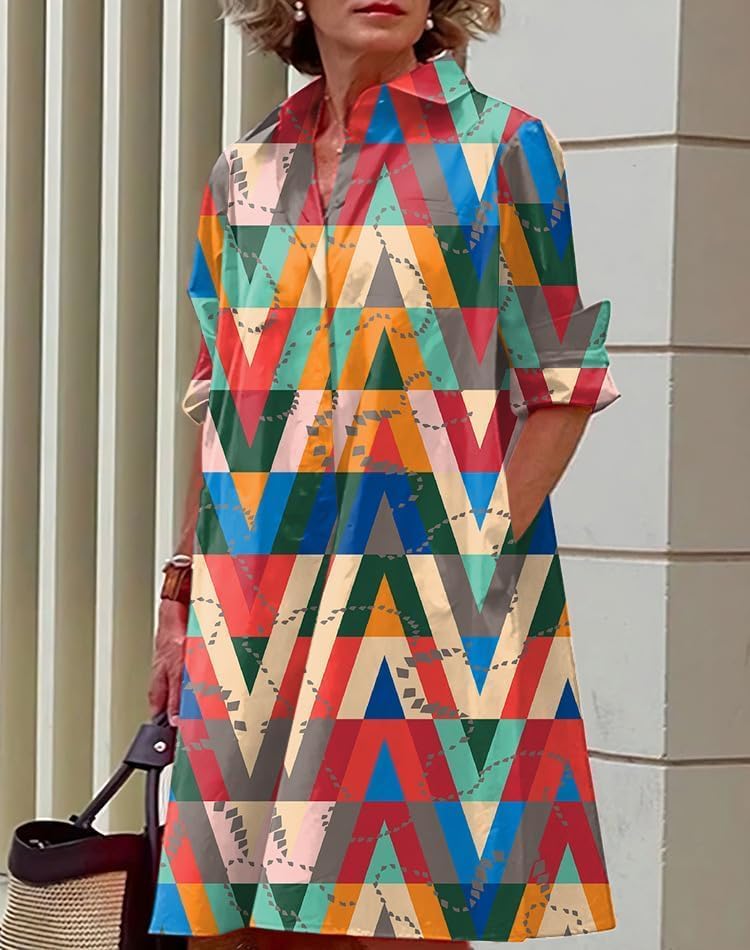 Womens 2025 Long Sleeve Button Down Shirt Summer Dress Casual V Neck Loose Fit Midi Shirt Dresses with Pockets - Image 2