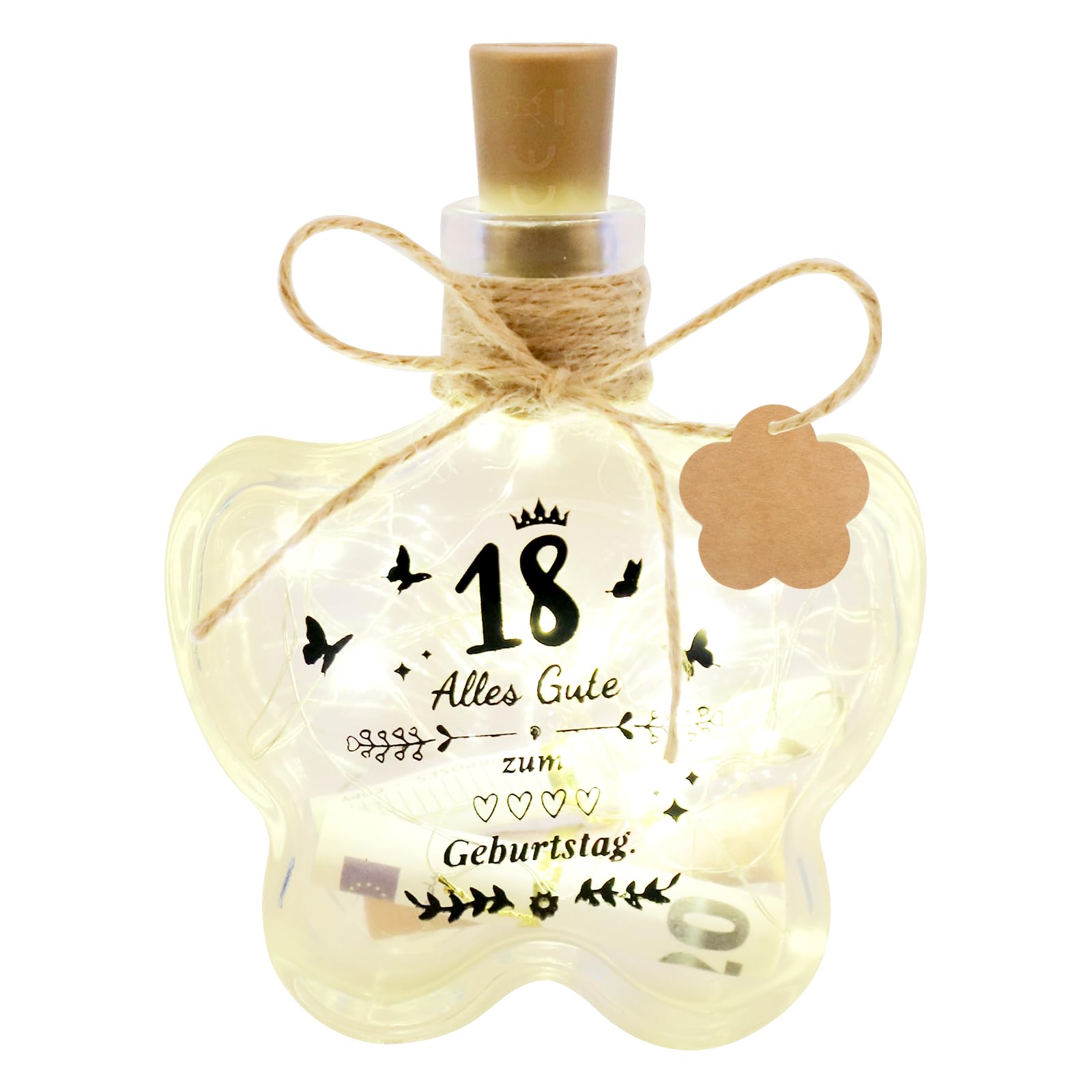TNSLAND Geschenke zum 18 Geburtstag Mädchen Junge, Geldgeschenk 18 Geburtstag Mädchen LED Flaschenlichter (13.2x11.5cm)