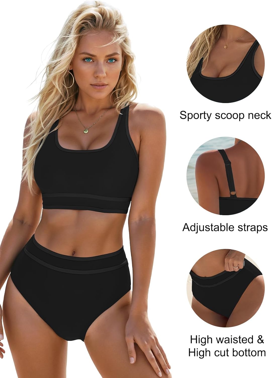 Blooming Jelly Womens High Waist Bikini Sets Sporty Color Block Two Piece Swimsuits Scoop Neck Cheeky Bathing Suits - Image 4