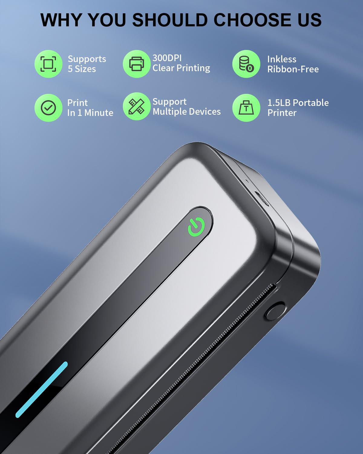 COLORWING Mobiele printer M832, thermische printer voor A4 thermisch papier, Bluetooth-printer, klein, compact, voor iPhone en Android, Portbale Printers, draadloos voor reizen, grijs
