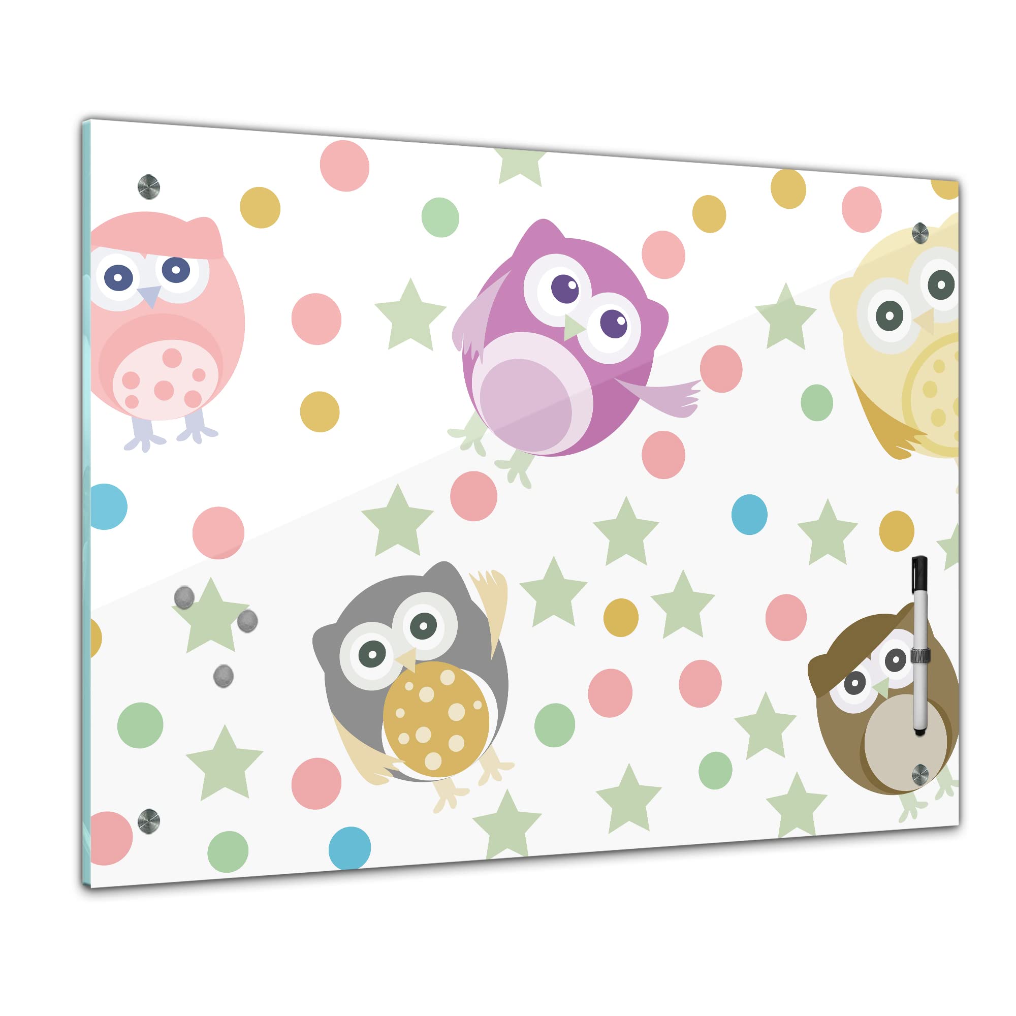 Tableau mémo 80 x 60 cm | Motif enfant | Chouettes multicolores | Tableau magnétique en verre lavable avec support magnétique | dans différents designs | 1330b