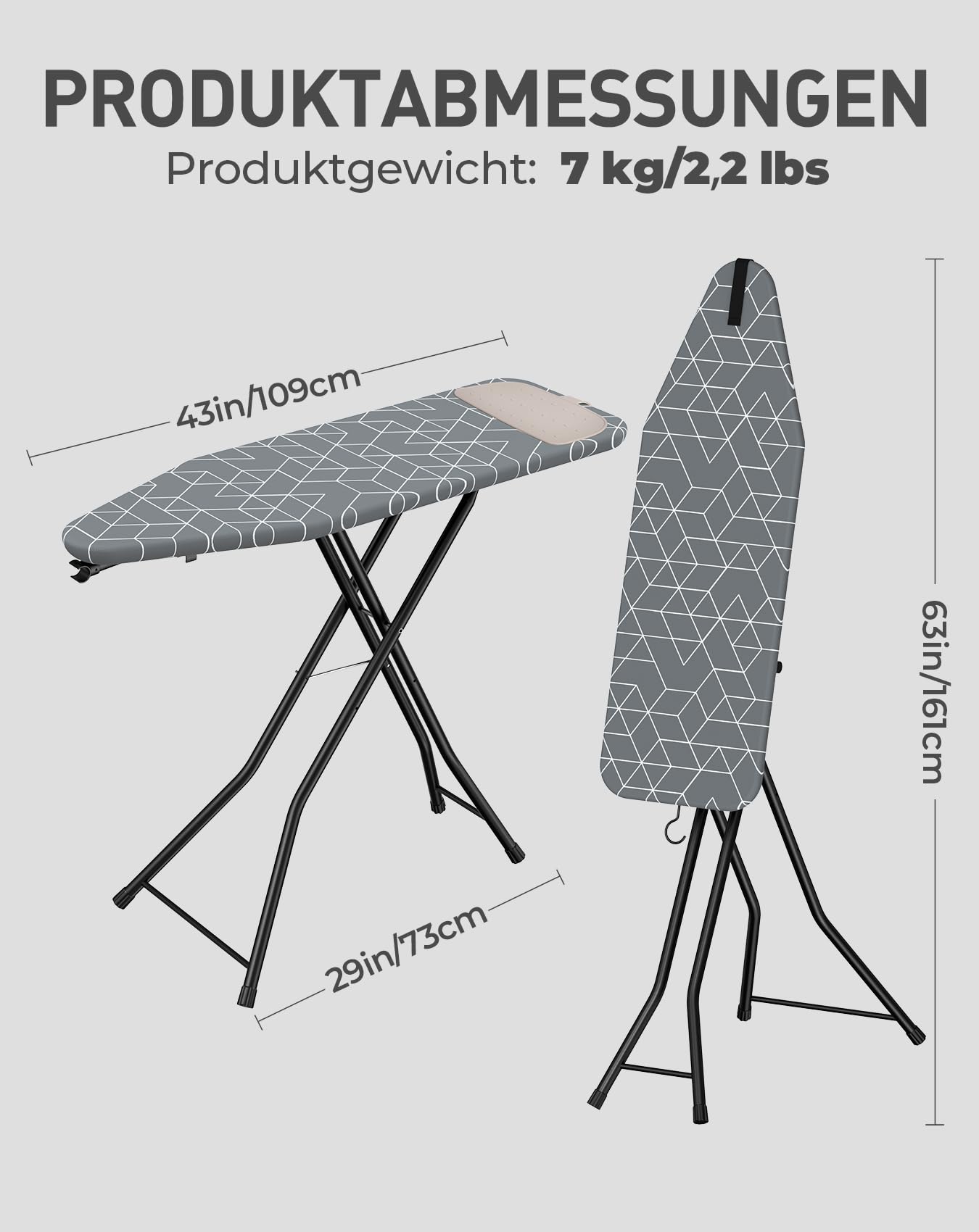 LyriFine Bügelbrett mit Bügeleisenablage, 2-in-1 Bügeltisch für Dampfbügeln & klassisches Bügeln, hitzebeständige Auflage, klappbar mit Haken, Stabiler Stahl, Bügelbrett für Dampfbügelstation, grau