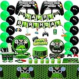 Video Game Birthday Decorations,194pcs Gamer Birthday Decorations&Tableware Set-Video Game Plates Cups Napkins Tablecloth Balloons Banner Swirl etc Green Gamer Gaming Party Supplies