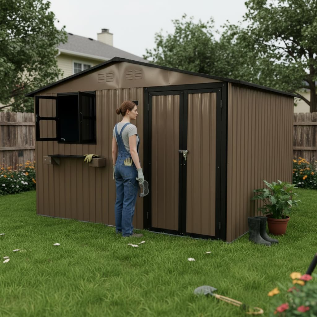 Metalowy domek na narzędzia 295 x 244 cm (7,19 m²) – domek ogrodowy z 2 oknami i regałem na kwiaty, odporna na warunki atmosferyczne szopa na narzędzia z zamykanymi drzwiczkami, stalowa szopa na