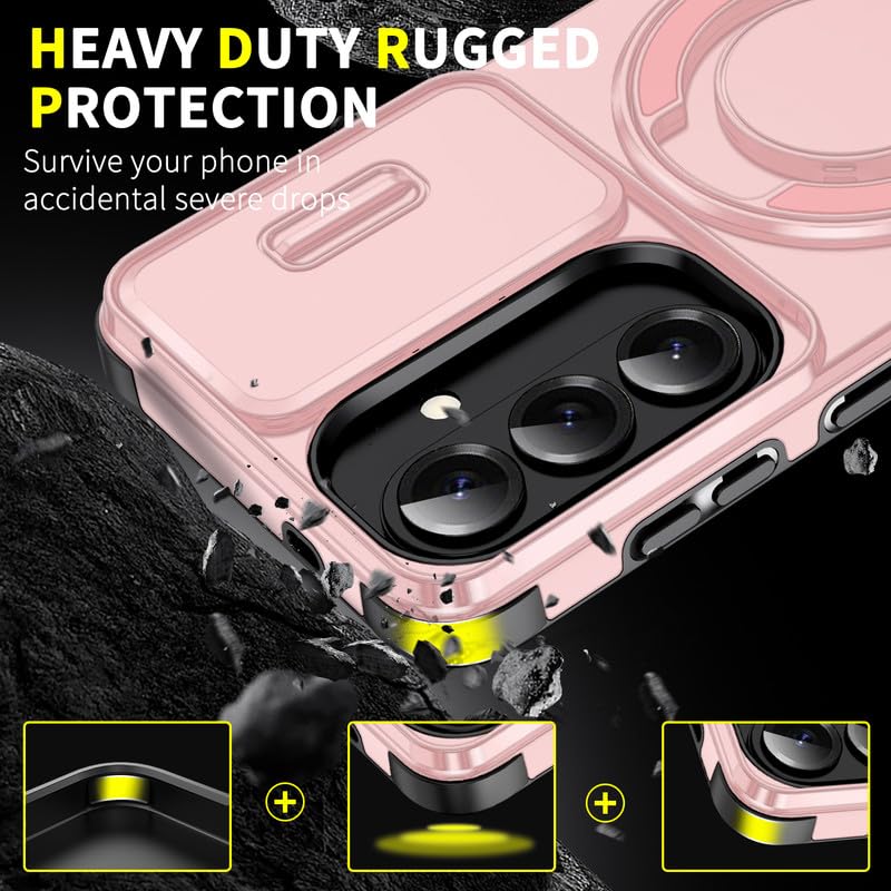Image of LuxuryKase Shockproof Rugged Case for Samsung Galaxy S26 | Slide Camera Cover | 360 Rotating Ring Kickstand | Military-Grade Protection - Rose Pink