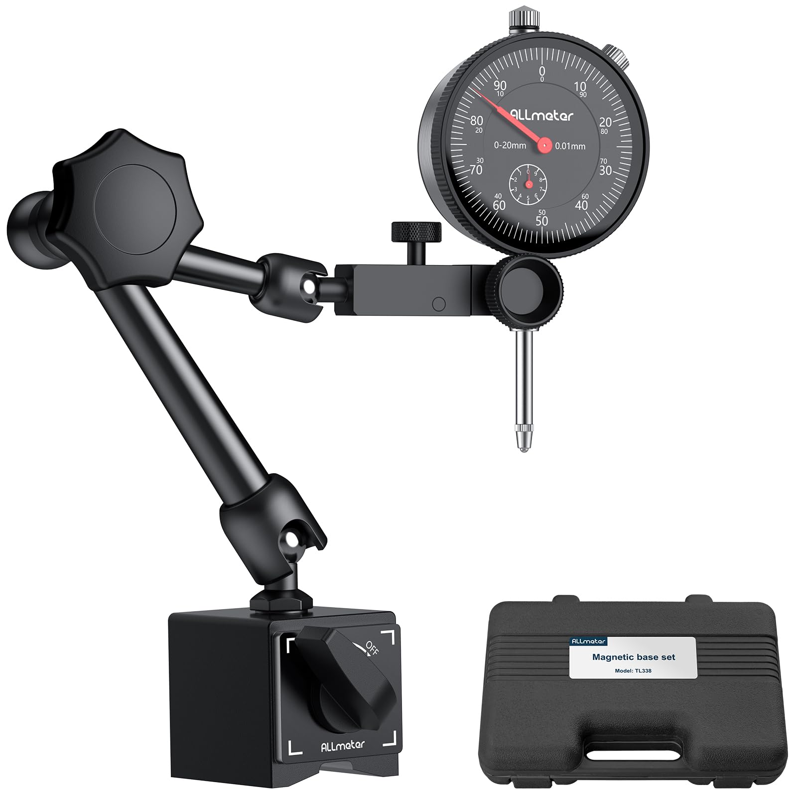 Comparatore Centesimale 0-20mm con Base Magnetica 60kg, Indicatore Meccanico di Precisione 0.01mm, Supporto Regolabile a 3 Snodi per Tornio Fresatrice Allineamento Misure Officina Meccanica