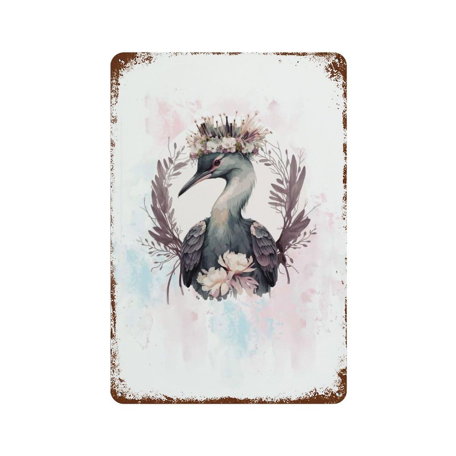 Garage Style Watercolor Crane Bird Art Distressed Metal Wall Sign 11.8"x7.9", Rustic Home Decor for Bar And Workshop