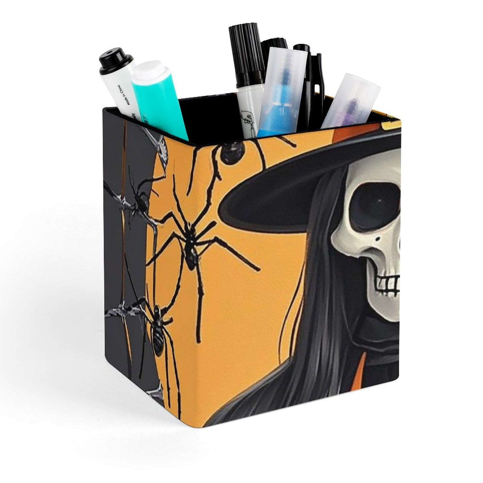 Skeleton Spider Web Pen Holder PU Leather Square Pens Pencils Holder Desktop Pencil Cup Stationery Organization Office Desktop Accessories Desk Decoration for Home Supplies