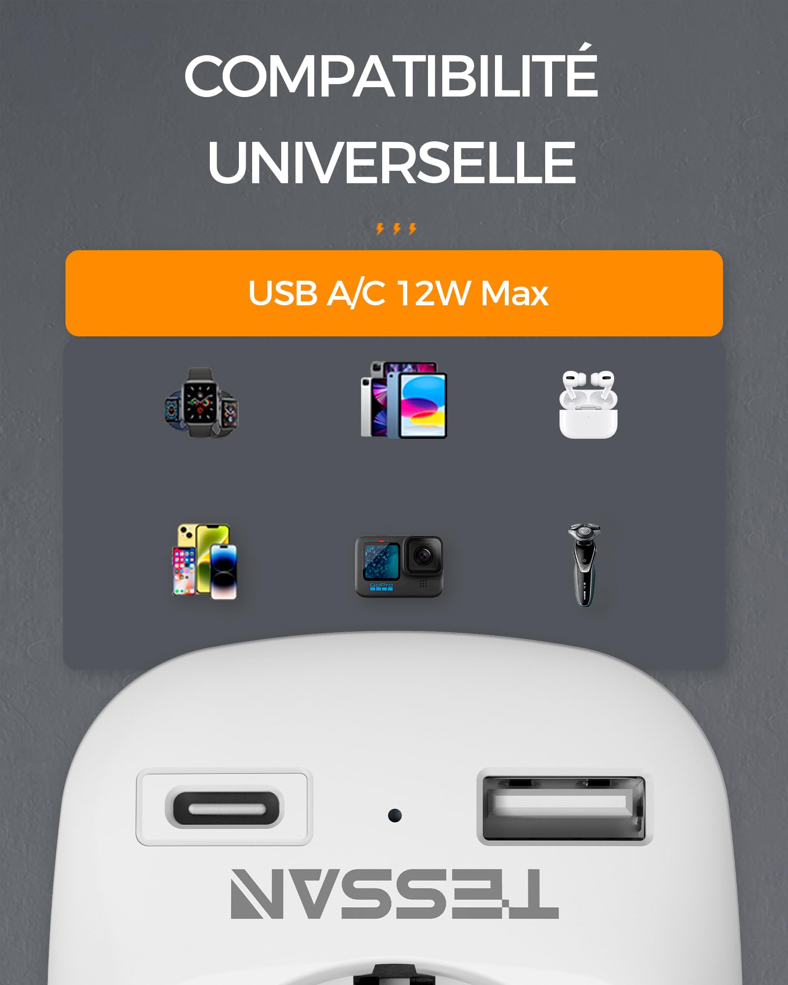 TESSAN Lot de 2 Adaptateur Prise USA, 3 en 1 Adaptateur Prise France vers USA 1250 W, Adapter Canada avec USB C et USB A, Chargeur Americain pour Philippines, Mexique, Thailande, Pérou