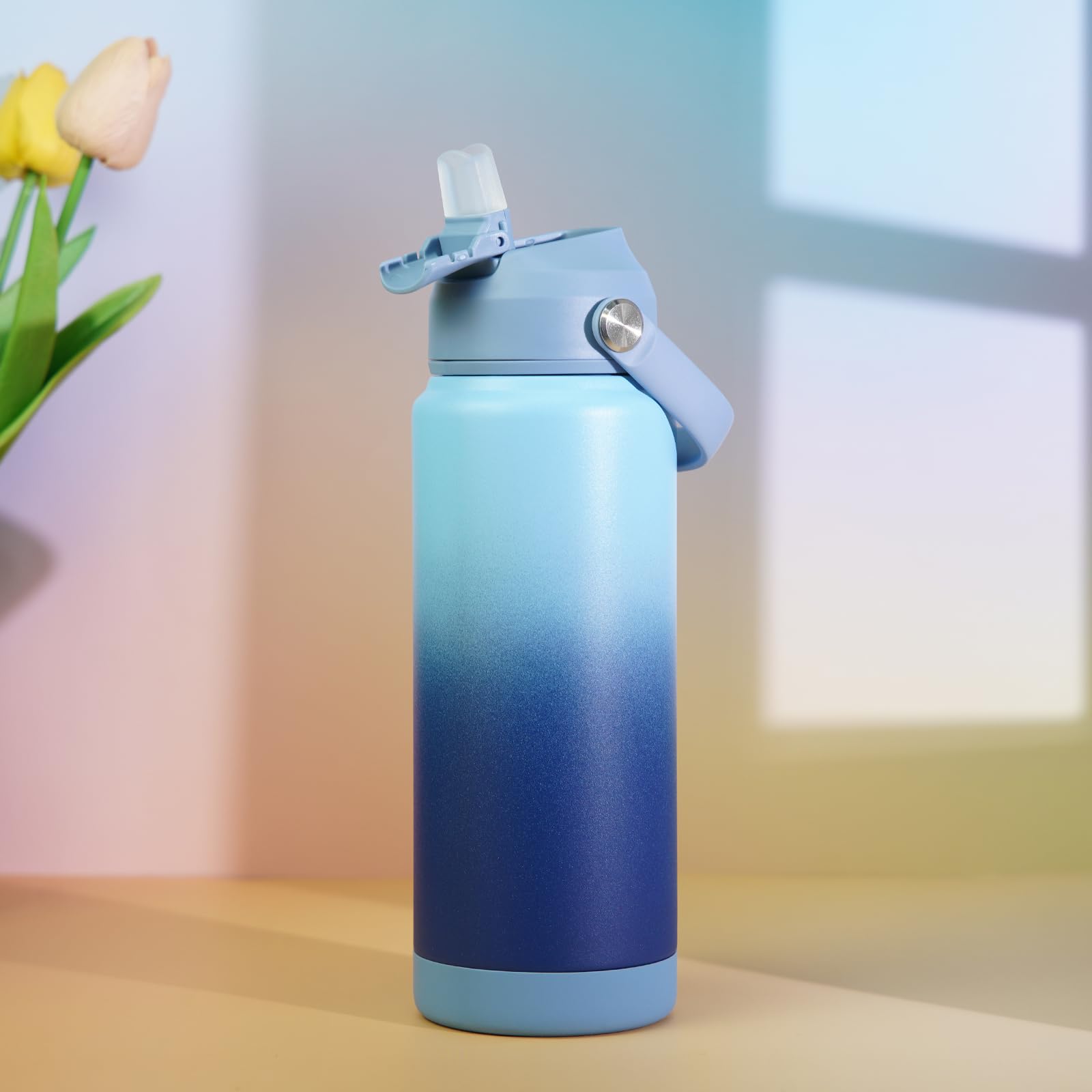 BJPKPK Bouteille D'eau Isotherme Avec Couvercle à Paille, Bouteille D'eau Isotherme Avec Buse Souple, Poignée Flexible Et Gaine Antidérapante, Bouteille D'eau En Acier Inoxydable Sans BPA, Anti-fuite