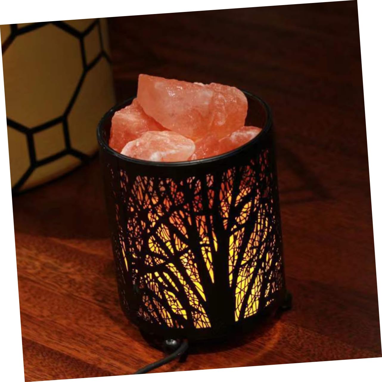 Lampe Décorative de Table en Sel de L’himalaya, Fer Noir, Cylindre