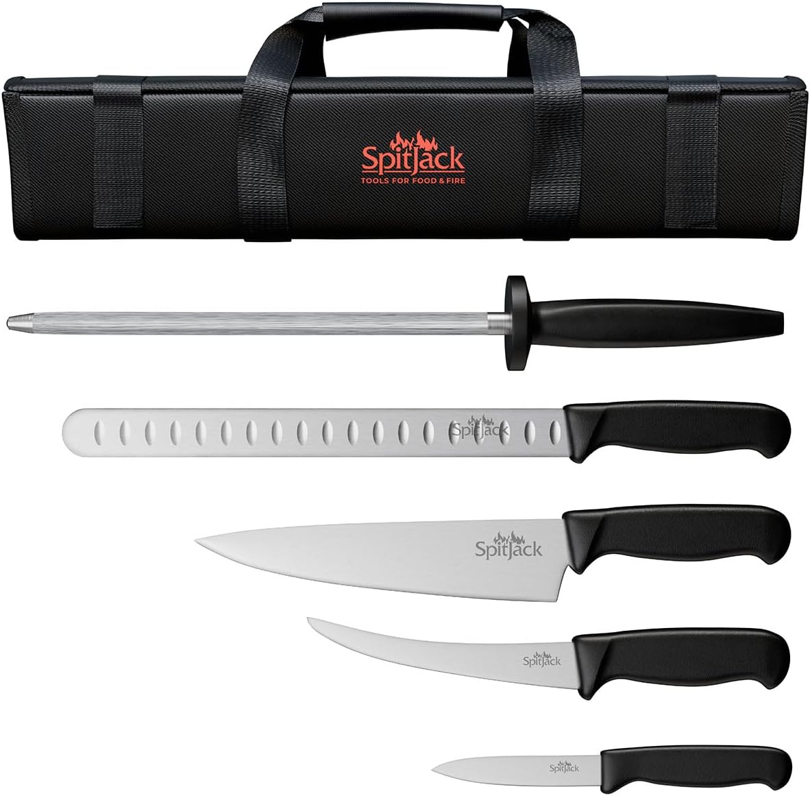 SPITJACK BBQ Butcher's Knife Set for Men. Brisket Trimming and Meat Slicing Knives, 8 Inch Chef's Blade, 3.5 Inch Paring Knife and 10 Inch Sharpening Hone. Sturdy Storage and Transport Case.